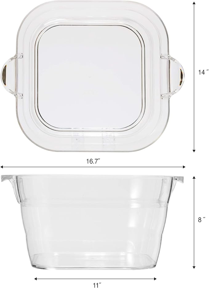 OGGI Acrylic Square Party Tub - Clear Beverage Cooler w/Handles, Wine Cooler, Beer Chiller, Ideal Party Tubs for Drinks, Use Ice Tub for Indoor or Outdoor Bars, 16.75" x 14"