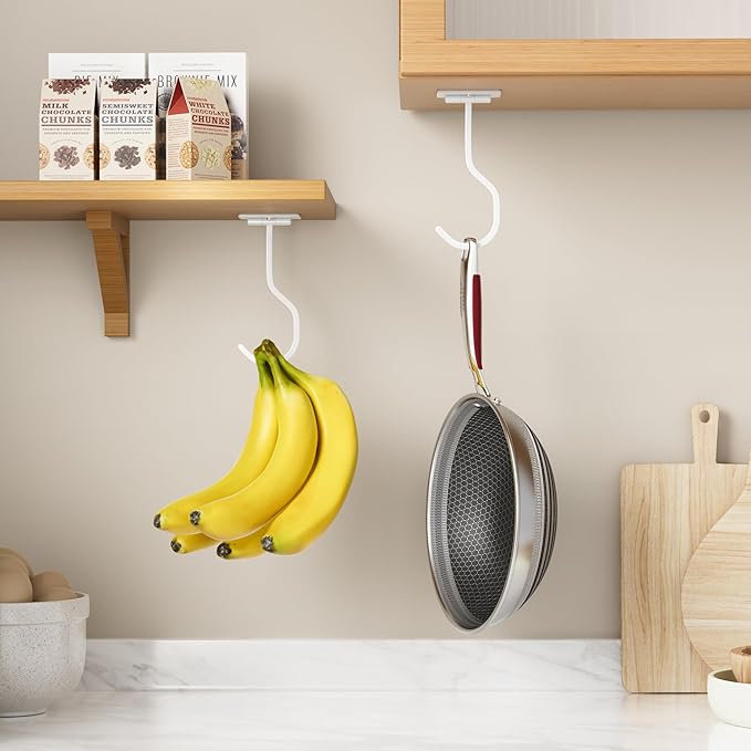 bussdis 2-Pack Under Cabinet Banana Hook - Foldable Magnetic Banana Hangers, Adhesive & Space-Saving, Folds Up When Not in Use, White, for Kitchen, RV, Home, Office