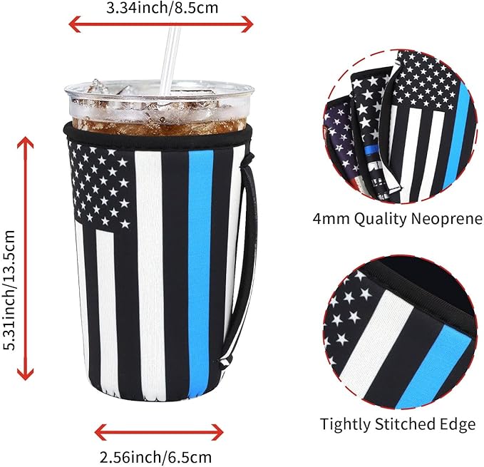 4Pack Reusable Iced Coffee Sleeve Insulator Sleeves for Cold Drinks Beverages, Neoprene Cup Holder for Most Coffee, Fits 22-24oz Medium Cups (American Flag with Handle)