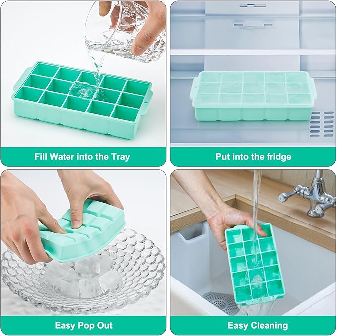 Reespring Silicone Ice Cube Tray, Ice Tray for Freezer with Lid, 3 Pack Ice Cube Trays for Freezer with 45 Flexible Easy Release Ice Trays