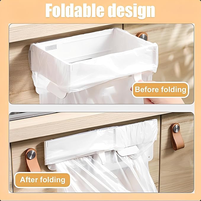 2Pcs Plastic Trash Bag Holder Rack, Folding Hanging Kitchen Trash Can, No Drill Adhesive Mounted Plastic Bag Holder, Space Saving Towel Hanger, Collapsible Garbage Can for Cabinets/Doors/Cupboards
