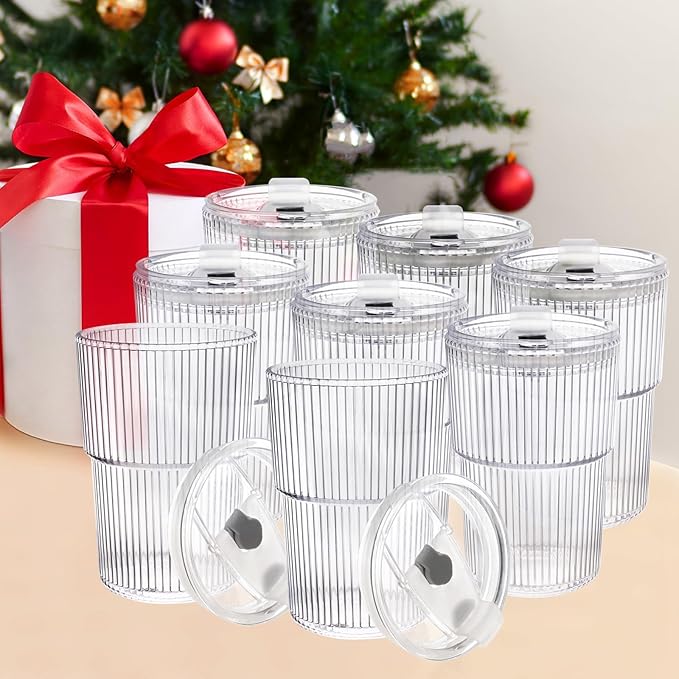 16 OZ Reusable Iced Coffee Cups with Lids and Straws, Unbreakable Plastic Drinking Glasses for Iced Tea, Juice, Water, BPA Free, Dishwasher Safe, Set of 8