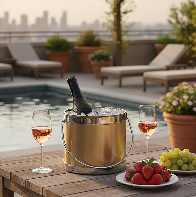 Made In USA Metallic Deco Collection Double Walled Insulated Ice Bucket With Ice Tongs (3-Quart, Gold & Silver)