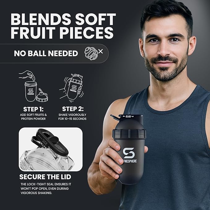 SHAKESPHERE Shaker Bottle - 24oz Leak-Proof Protein Shaker Bottle for Pre Workout, Smoothie, and Powder Drink Mixes, No-Blade Mixer for Gym, BPA-Free, Easy Clean & Easy to Carry (Frosted White)
