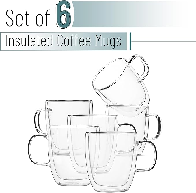 BTaT- Double Walled Glass Coffee Mugs, 12 oz, Set of 6, Glass Coffee Cups with Handle, Insulated Clear Coffee Mug for Hot and Cold Beverages, Cappuccino, Latte, Tea, Americano, Microwave Safe
