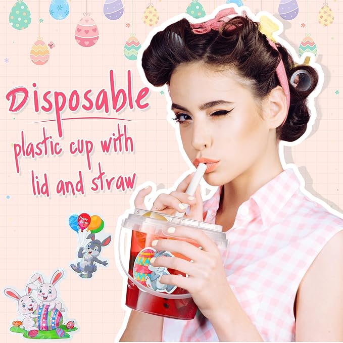 Funnymoom 30 Set Easter Clear Plastic Cups with Lids & Straws, 24oz Disposable Rum Buckets Cocktail Pails Bulk with Handles & Stickers Creative Egg Hunt Baskets Party Favors for Adults