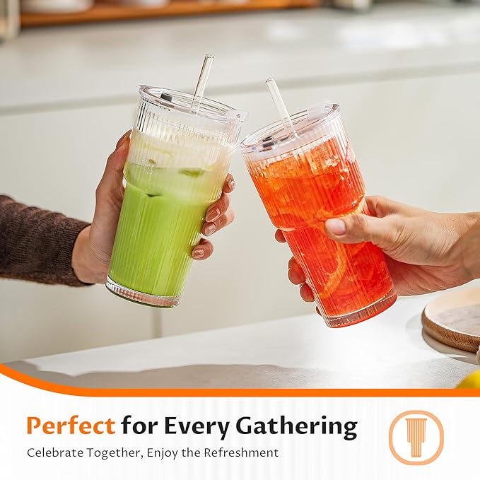 20oz Glass Tumblers with Straws and Lids 2 Pack, Ribbed Glass Cups, Leak Resistant Iced Coffee Cups, Thick Reusable Drinking Glasses, Fits Car Cup Holder, Clear Travel Coffee Cups