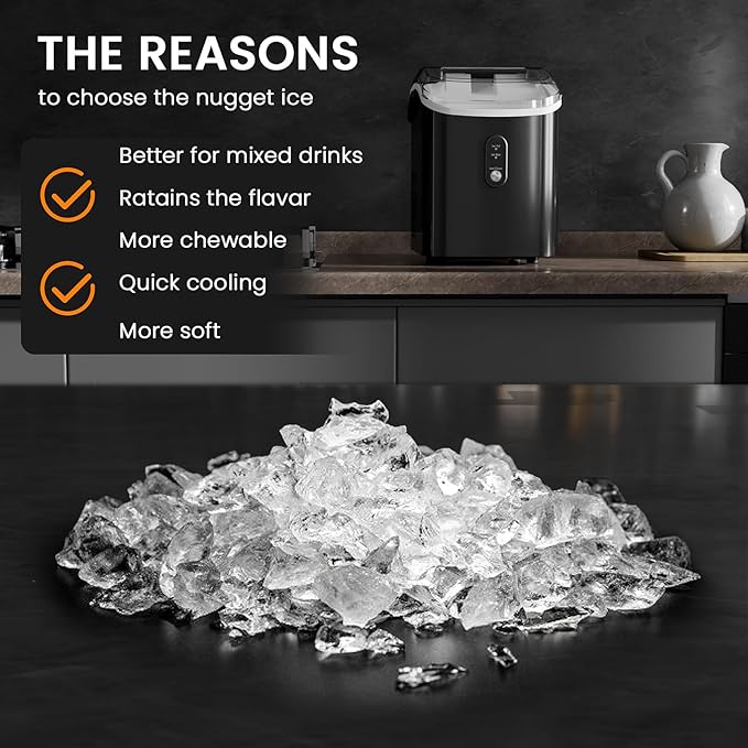 Soft Chewable Nugget Ice Maker, 35Lbs/24Hrs, Self-Cleaning Countertop Pebble Ice Machine with Basket & Scoop for Home, Bar, or Entertaining,Black