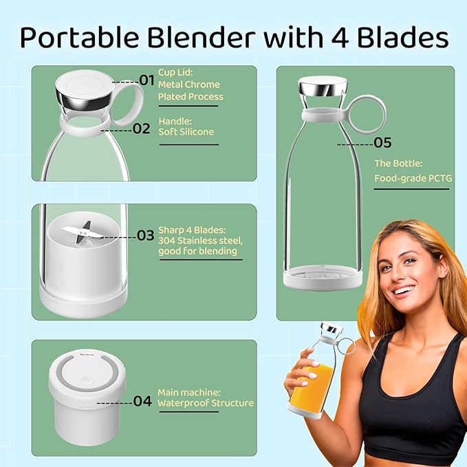Asa Vea Mini Blender for Smoothies and Milkshakes, Portable Blender, Rechargeable, Personal Size Blender with Quota Outer Travel Lid with 4 Blades, 11 oz for Outdoors, Camping (Black)