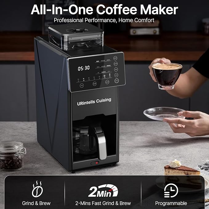 URintells Cuising Coffee Maker with Grinder, 22OZ Drip Coffee Maker with Glass Carafe and Removable Filter, Programmable Hot and Cold Bean to Cup Coffee Machine with Timer, Auto Shut Off