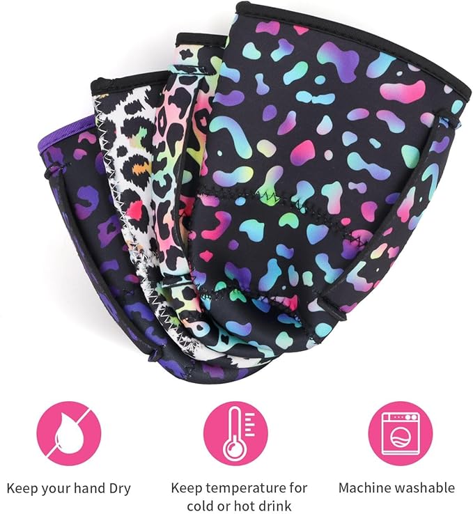 4Pack Reusable Iced Coffee Sleeve Insulator Sleeves for Cold Drinks Beverages, Neoprene Cup Holder for Most Coffee, Fits 30-32oz Large Cups (Rainbow Leopard)