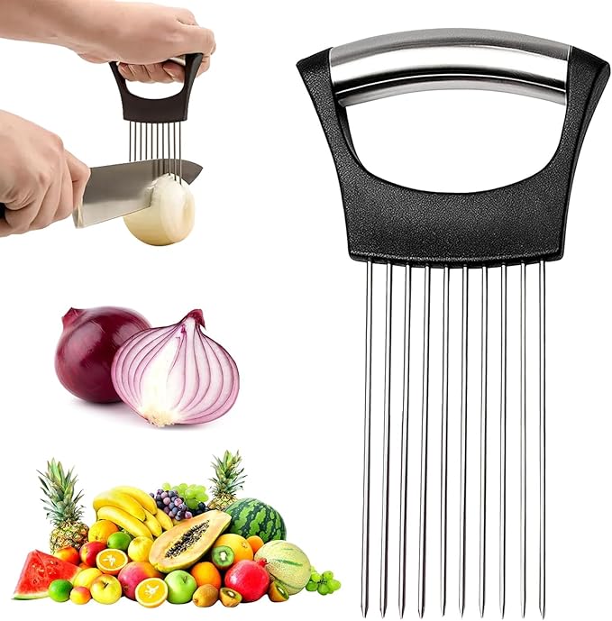 Onion Holder for Slicing – Stainless Steel Onion Slicer with Handle, Safe & Even Cuts, Time-Saving Vegetable Cutting Tool