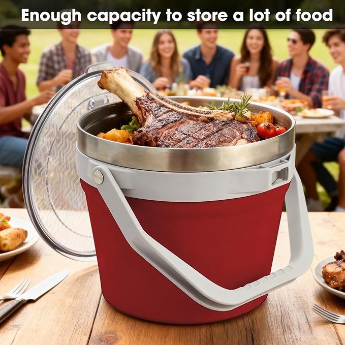 COKTIK 7L Vacuum Insulated Ice Bucket with Lid，Large capacity Stainless Steel Beverage Bucket for Cocktail, Champagne, Wine, Beer，Large Parties（Red）