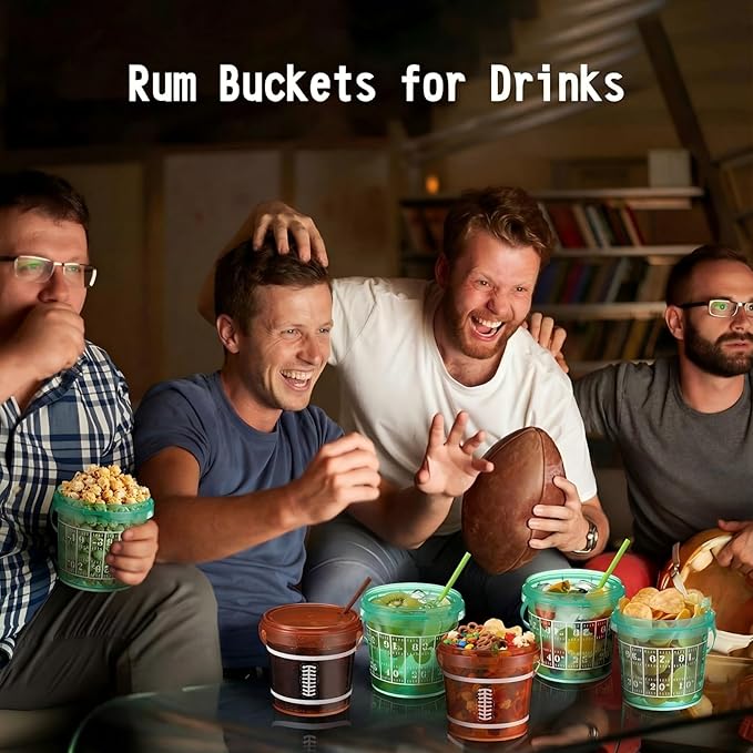 12 Set 25 oz Football Field Plastic Drink Buckets with Straws Handles Lids Reusable Cocktail Rum Buckets 750ml Smoothie Milk Tea Cups Food Containers Pails Sport Party Supplies