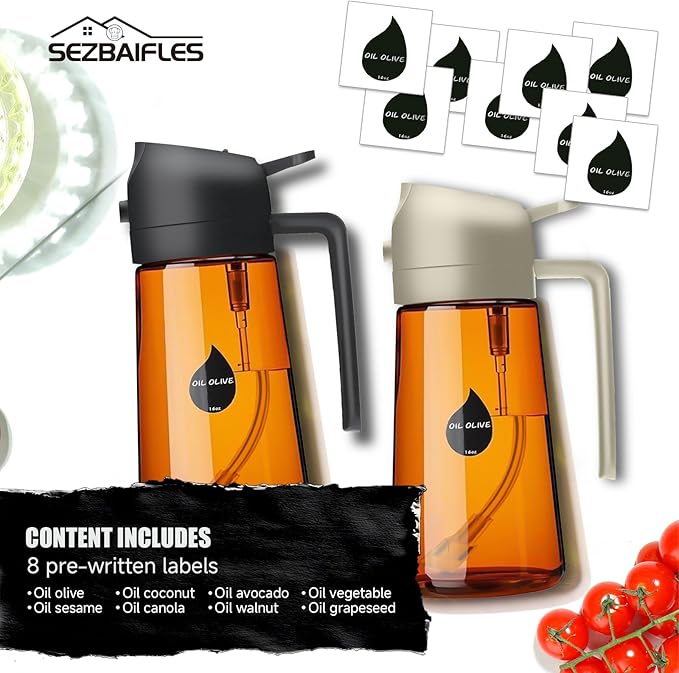2 in 1 Oil Sprayer for Cooking, Olive Oil Dispenser Bottle for Kitchen Spray and Pour, 16oz/470ml Light-Blocking Dark Amber Glass Brown Bottle, Food-Grade Oil Mister for Air Fryer Black Cap