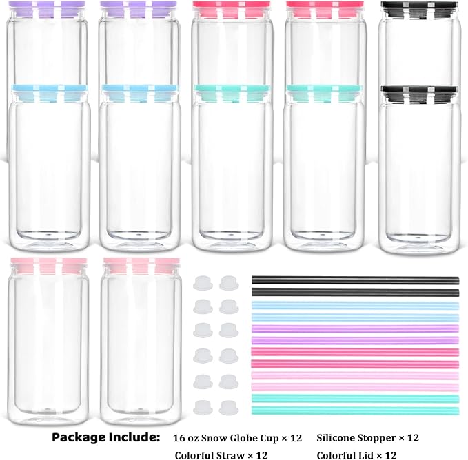 12 Pack Acrylic Snow Globe Tumbler with Pre Drilled Hole, 16 Oz Double Wall Plastic Can with Lid and Straw, Plastic Mason Jar Mug for Snow Globe Glitter DIY Gift (Mixed Colors)