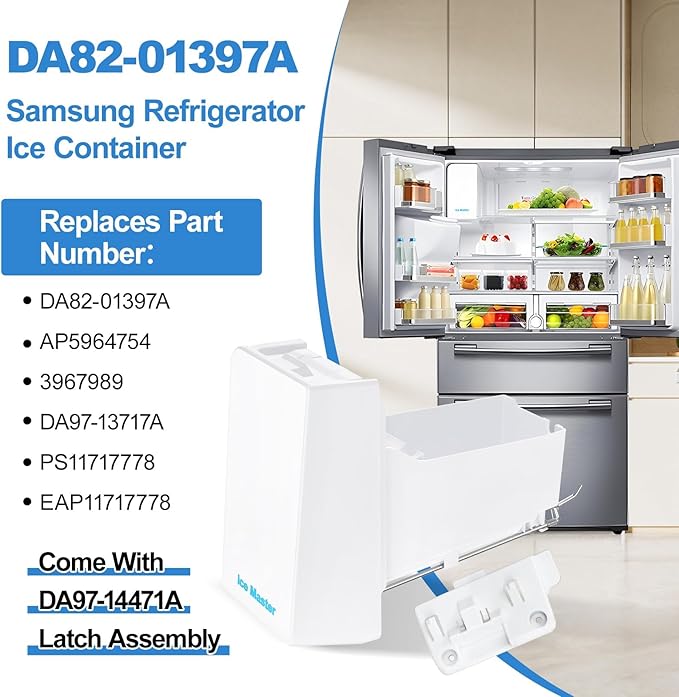 Upgraded RF24FSEDBSR RF23HSESBSR Ice Maker DA82-01397A Ice Bucket Compatible with Samsung Ice Maker Replacement DA97-13717A Refrigerator Ice Tray Ice Container Ice Bin PS11717778 Samsung Ice Bucket