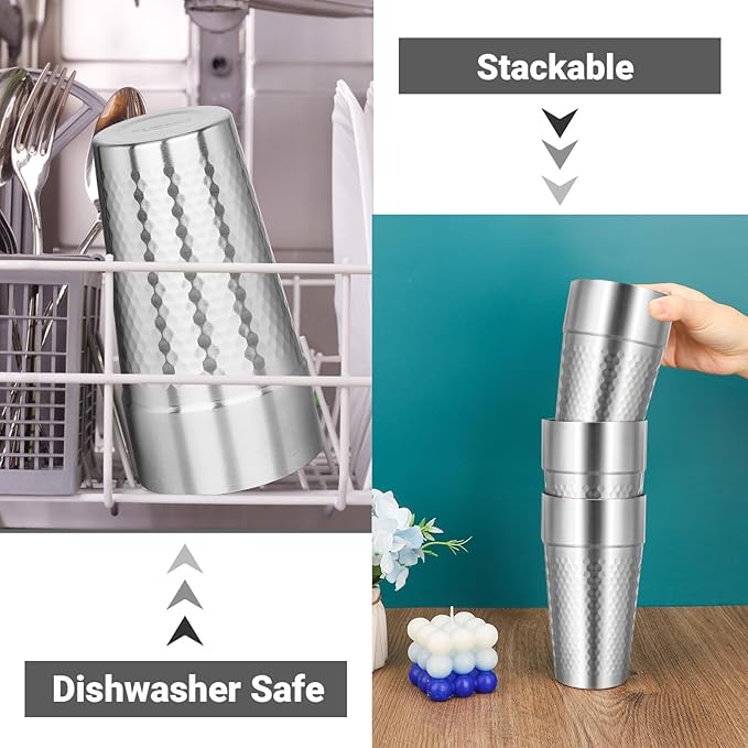 Stainless Cups, 19 oz Double Wall Insulated Tumbler, 4 Pack Unbreakable Stackable Water Tumblers Insulated Metal Cup Premium Drinking Glasses for Travel Camping Home Outdoor Office