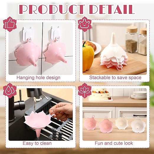 LemonRoad 4pcs Different Flower Plastic Kitchen Funnel Hangable Multi Purpose Pink White Lotus Cherry Blossom Shape Kitchen Funnels for Filling and Transferring Liquids, Spices, Particles