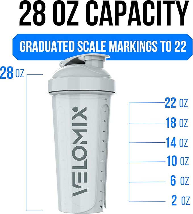 VELOMIX -4 Pack- 28 oz Protein Shaker Bottles for Protein Mixes - 4x Wire Whisk | Leak Proof Shaker Cups for Protein Shakes | Stackable Protein Shaker Bottle Pack (Silver Mix)