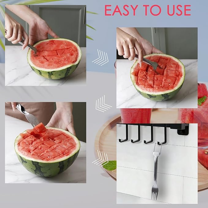 KAYCROWN Stainless Steel Watermelon Fork Slicer, 2-in-1 Quick Cutting Dual Head Watermelon Cutter Fork, Portable Hanging Fruit Forks Slicer for Home Party Camping Kitchen Practical Gadget, Pack of 2