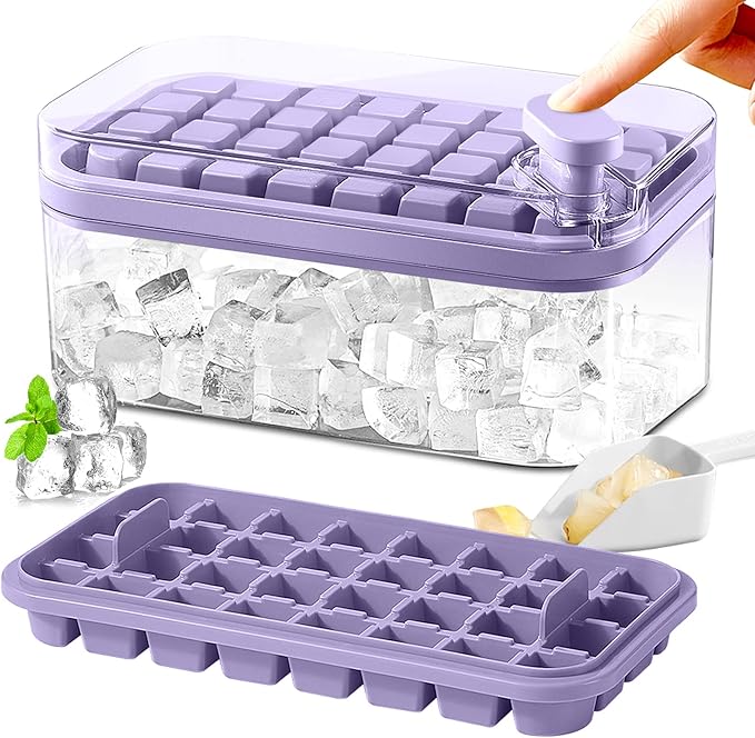Ice Cube Tray with Lid and Bin for Freezer, 2 Pack, 64 Pcs Ice Cube Mold (Purple)