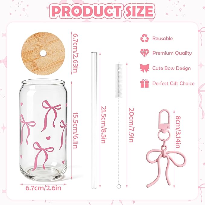Mason Life Bow Glass Cup 18 OZ with Designs, Pink Bow Cup for Preppy Stuff, Cute Tumbler with Straw Cover & Keychain for Women Teen Girls Iced Coffee, Matcha and Smoothies