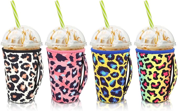 4Pack Reusable Iced Coffee Sleeve Insulator Sleeves for Cold Drinks Beverages, Neoprene Cup Holder for Most Coffee, Fits 22-24oz Medium Cups (Leopard with handle)