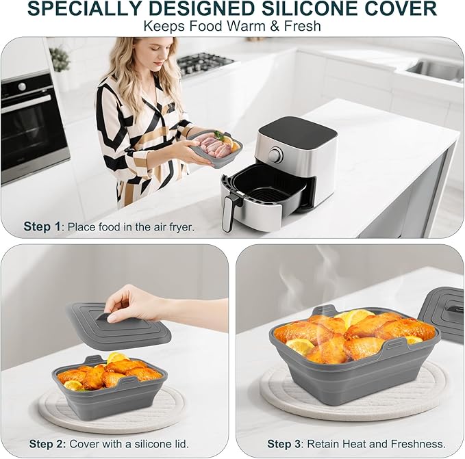 Silicone Air Fryer Liners Collapsible, 8.2 Inch Reusable Air Fryer Liners With lid-Long-lasting Freshness - Easy to Clean Air Fryers Pot for 5.8 to 8 Qt Baking Tray Oven Accessories,Gray