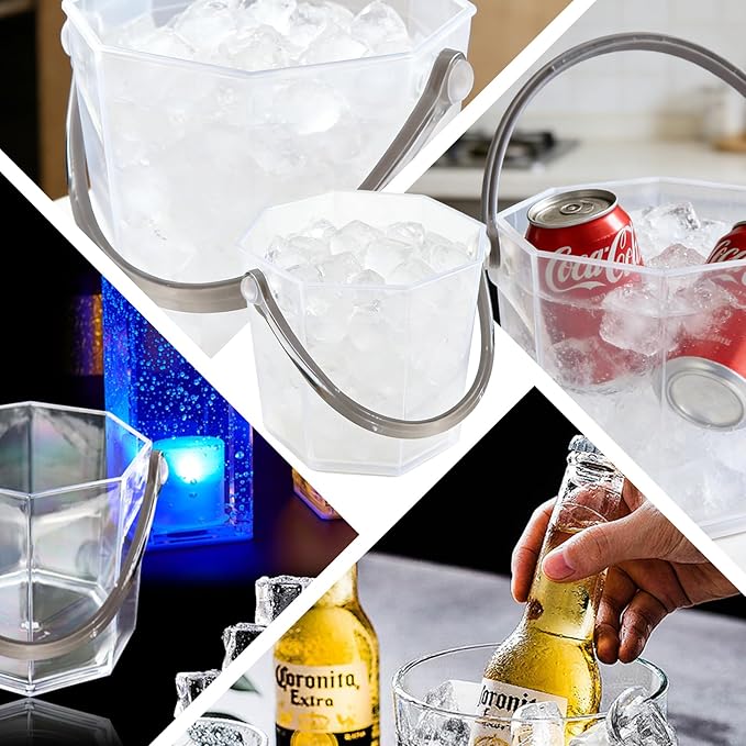 Crystal Ice Bucket with Handle & Tongs-1.1 L Plastic Clear Champagne Ice Buckets for Parties, Beer, Wine, Drinks, Cocktails,-Soda, Mimosa Bar Supplies (Style-A, 37 oz (1.1 L))