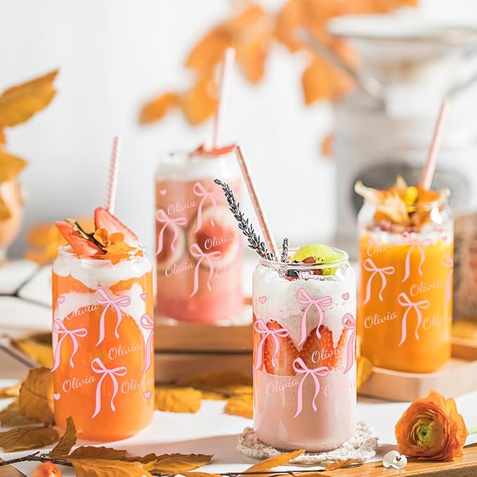 Mason Life Personalized Cups with Bows-Can Shaped Glass with Lids and Straws-18OZ Bow Decor Iced Coffee Cups -Cute Glass Tumbler Birthday Thanksgiving Christmas Gift for Women