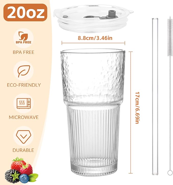 20oz Glass Tumblers with Lids and Straws,1PCS Glass Cups with Lids and Straws,Iced Coffee Cups with Lid,Drinking Glasses for Juice, Smoothies