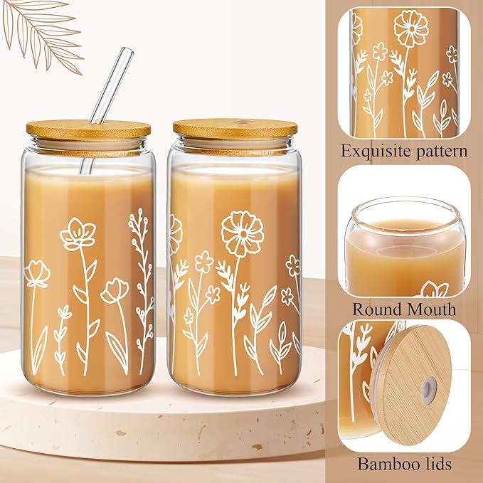 Mumufy 2 Pack Gift for Women Cute Glass Cup Tumbler Flower Iced Coffee Mugs 16 oz Glass with Bamboo Lid & Straw, Mothers Day Birthday Gift for Mom Sister Bridesmaid Baby Shower(Boho Floral)