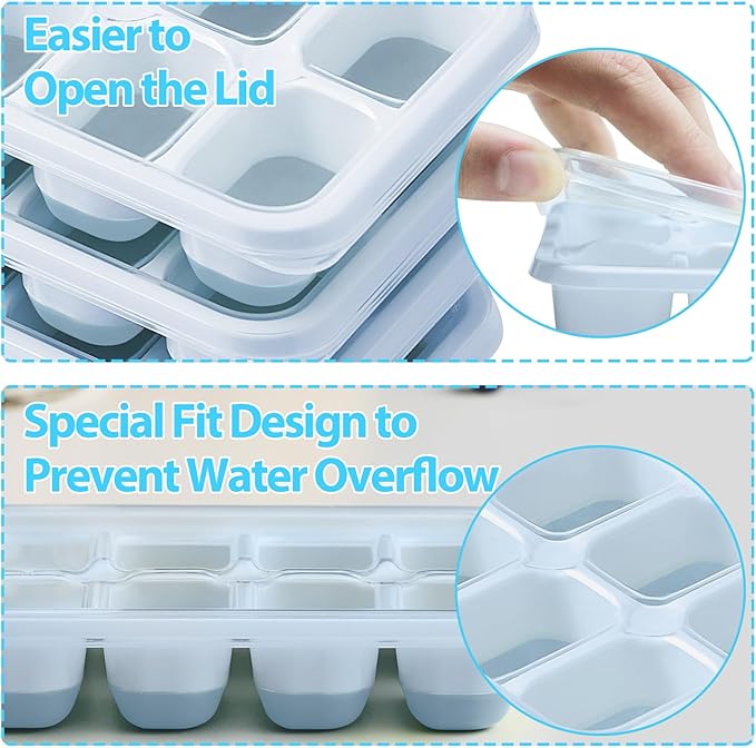 DOQAUS Ice Cube Tray with Lids - 4 Pack Stackable Silicone Ice Trays for Freezer, BPA & LFGB Safe, Easy Release for Kitchen, RV, Cocktail, Coffee, Soup & Food
