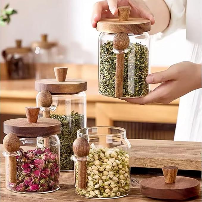 ANSQU Glass Jar with Wooden Lid & Spoon, 13.5oz Food Storage Containers Coffee Jar Coffee Grounds Container, Sugar Canister (1pack)