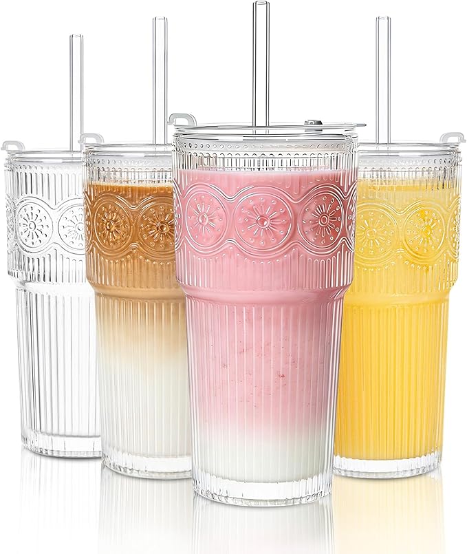 SoulTimes 20oz Ribbed & Floral Glass Tumbler Set of 4 – Reusable Glass Cups with Lid and Glass Straw, To-Go Iced Coffee Cups for Water, Smoothie, Milk, Cocktail & More – Perfect for Daily Use & Travel