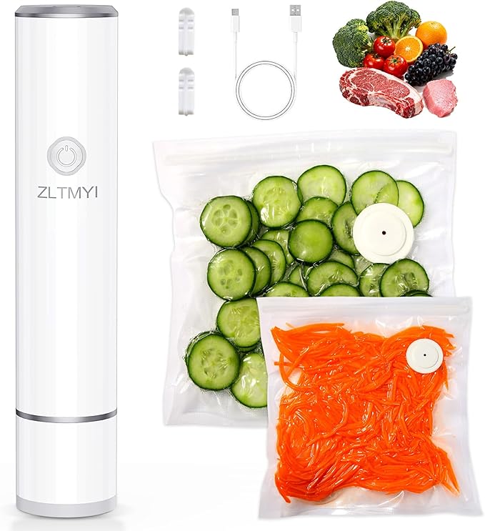 Handheld Vacuum Sealer for Food, 65kPa Portable Vacuum Pump with 30 BPA-Free Reusable Food-Grade Bags, Type-C Rechargeable for Meal Prep, Leftovers, Freezer Storage, Sous Vide & Containers