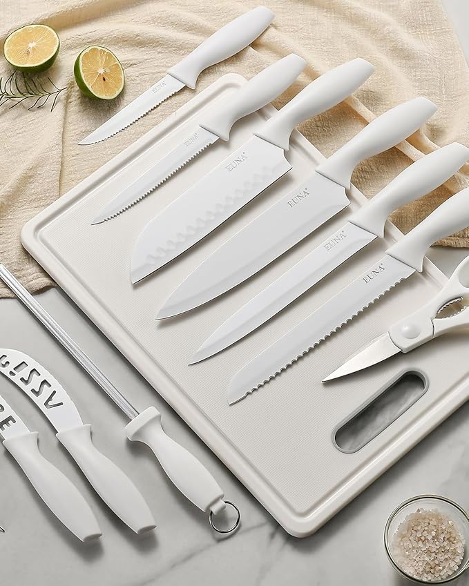 EUNA Knife Block Set, 19 PCS White Kitchen Knife Set with Acrylic Block and Sharpener, German High-Carbon Stainless Steel Knife Sets with 6 Serrated Steak Knives, Chef Knife, Dishwasher Safe