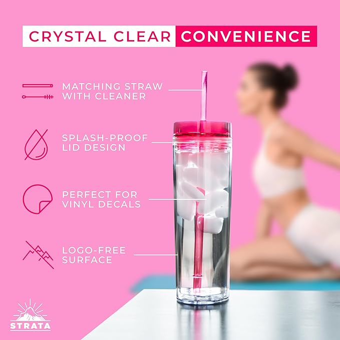 SKINNY TUMBLERS 4 Colored Acrylic Tumblers with Lids and Straws | Skinny, 16oz Double Wall Clear Plastic Tumblers With FREE Straw Cleaner & Name Tags! (Multicolor, 4)