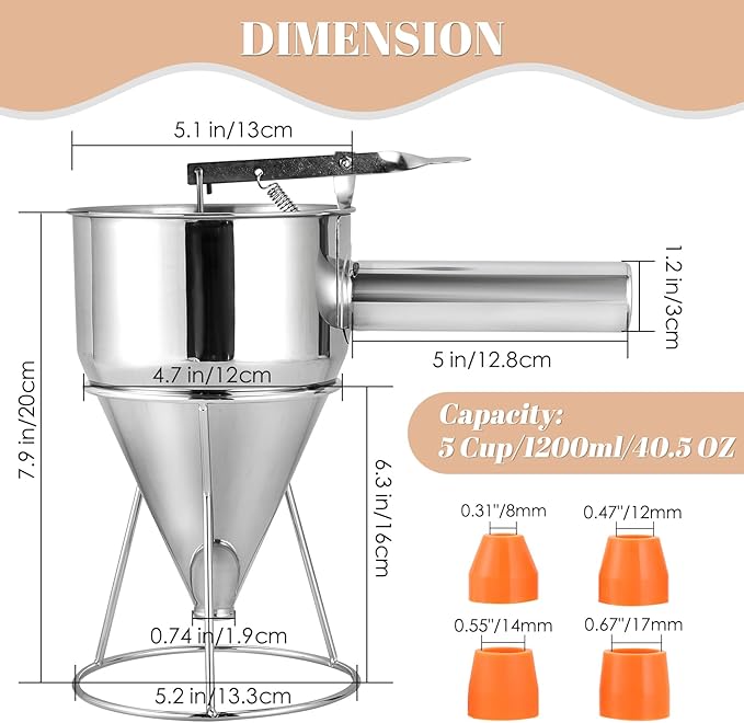 MAOPINER 40.5OZ Stainless Steel Pancake Batter Dispenser, Piston Funnel Cake Dispenser with Stand, Commercial Chocolate Funnel for Baking & Takoyaki (1200ML/40.5OZ with 4PCS Nozzles)
