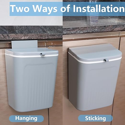 3.2 Gallon Kitchen Hanging Trash Can with Lid, Plastic Wall-Mounted Garbage Can, Gray