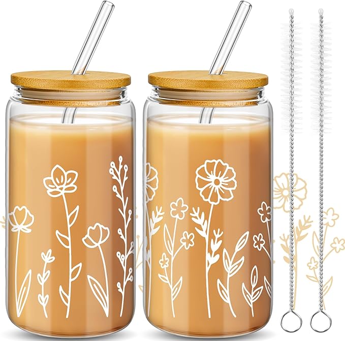 Mumufy 2 Pack Gift for Women Cute Glass Cup Tumbler Flower Iced Coffee Mugs 16 oz Glass with Bamboo Lid & Straw, Mothers Day Birthday Gift for Mom Sister Bridesmaid Baby Shower(Boho Floral)