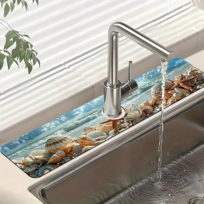 Beach Sink Splash Guard Shells Starfish Waves Faucet Absorbing Mat Fast Drying Mat Sink Gadgets Splash Guard Behind Faucet Drip Catcher for Kitchen Bathroom, 23.5"x5.5"