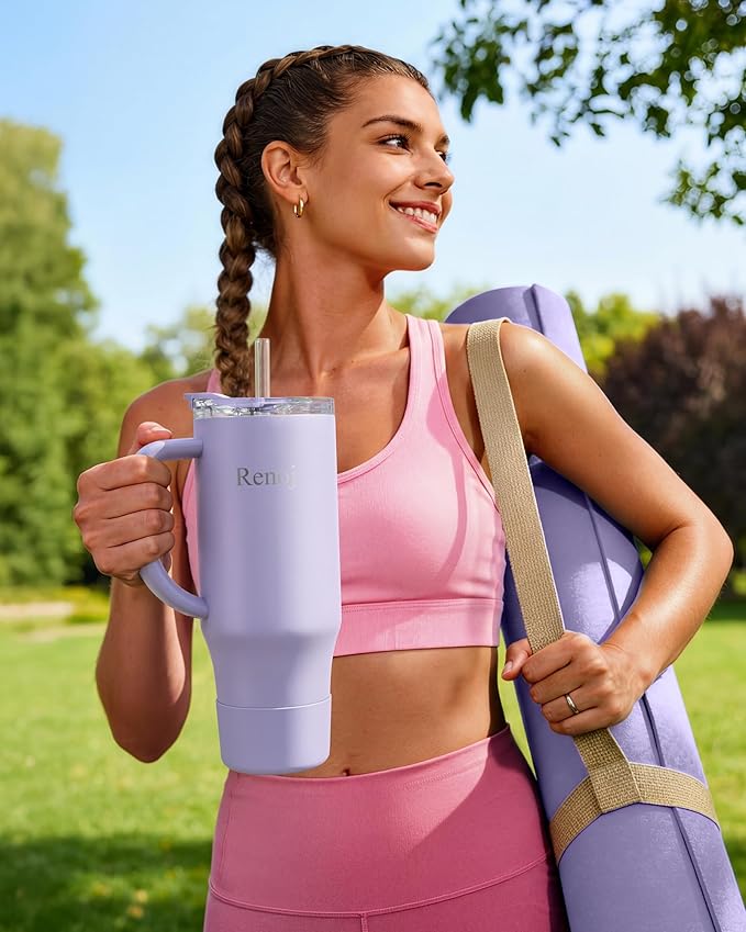 Renoj Insulated Mug 100% Leak Proof Insulated Water Bottle for Iced Coffee & Hot Drinks - Fits Car Cup Holder, Ideal Gift, 2 Straws & Silicone Boot - SnapShift Blue 32 oz