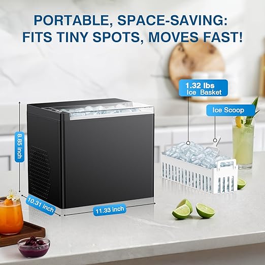 Ice Makers Countertop, 9 Ice Cubes in 6 Mins Portable Ice Maker, 2 Sizes of Bullet Ice (S/L) Small Ice Machine for Home Kitchen Camping (Sable)