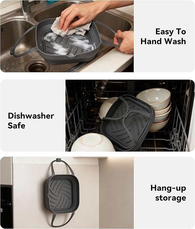 Silicone Air Fryer Liners with Handles: 8.3 Inch Square Reusable Airfryer Basket Liner for 3.5-5 Qt - Baking Tray Insert Cooking Air Fryer Accessories for Cosori Philips Ninja Instant Vortex And More