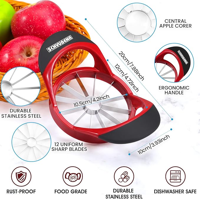 SCHVUBENR 12-Blade Apple Slicer and Corer - 4.72 Inch Sharp Stainless Steel Apple Cutter - Professional Apple Divider Tool for Quick Slices - Easy to Use & Clean - Slice Fruits with Ease - Red