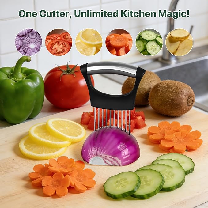 【2 PCS】Onion Slicer, Onion Holder for Slicing - Stainless Steel Vegetable & Fruit Cutter for Onions, Tomatoes, Potato, Avocado, Lemon, Eggs, Meat | Kitchen Chopper Gadget with Neat Guide & Tenderizer