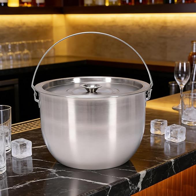 Ice Bucket, Stainless Steel Champagne Bucket with Lid, Double Handles, Scoop & Tongs Set, Drink Cooler for Parties, Wedding, Bar Cart, Patio, Holiday Hosting, New Year Toasts, for Home Entertaining