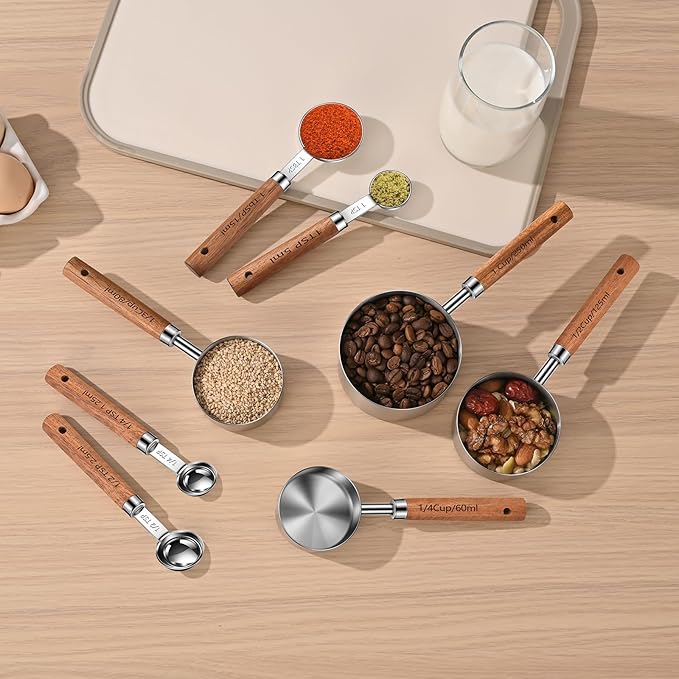 Stainless Steel Measuring Cups and Spoons Set of 8, Stackable Wooden Handle Metal Measuring Cup & Spoon Set with Metric & US Measurements, Rustic Farmhouse Kitchen Gadgets for Dry & Liquid Ingredients